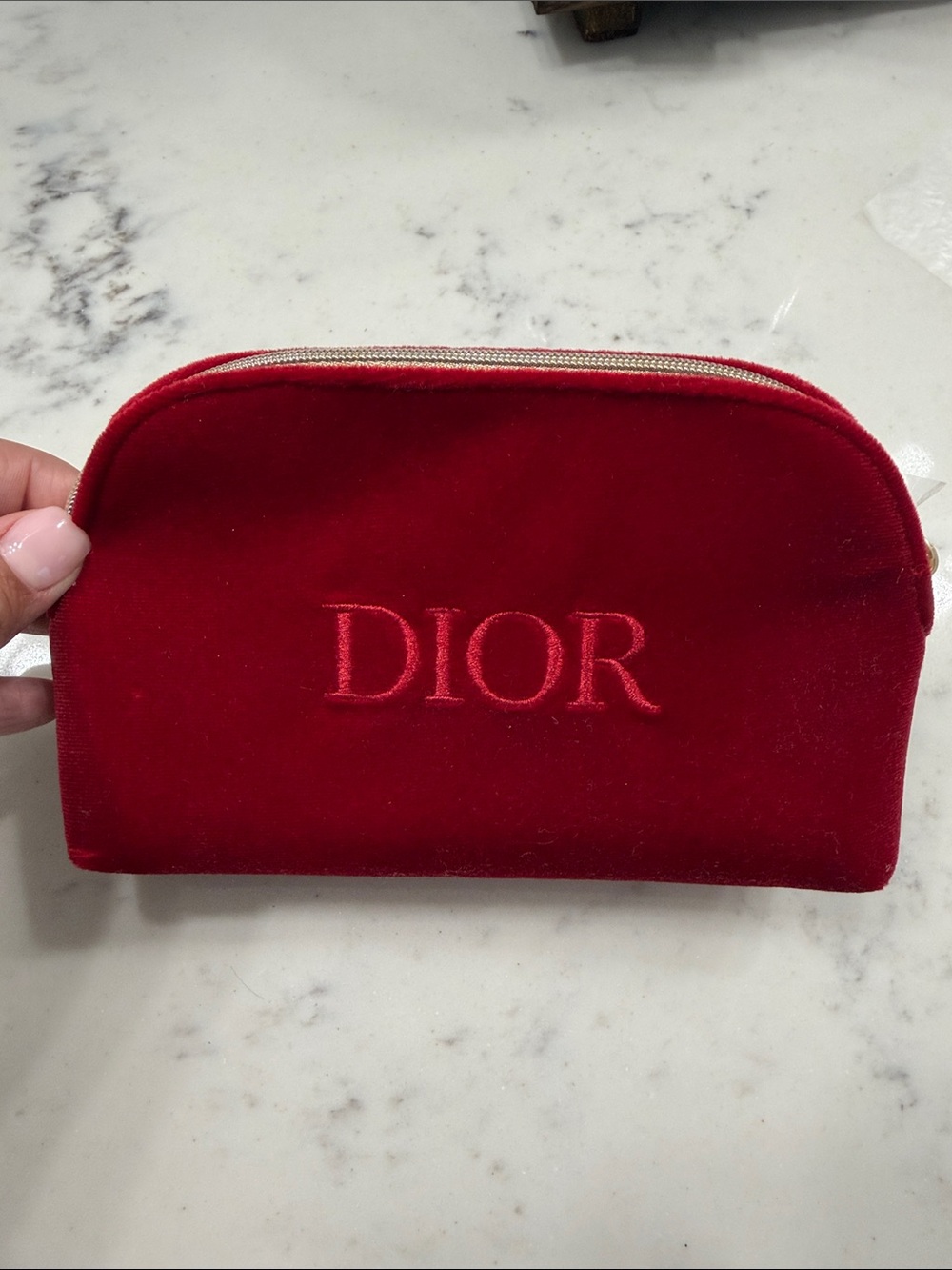 Dior Red Velvet Cosmetic Pouch with Embroidered Logo